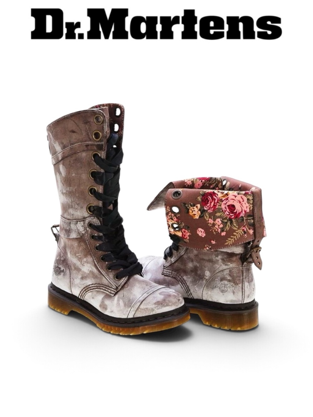 NWT DR MARTENS TRIUMPH 1914 BROWN MASSAI VICTORIAN FLORAL FOLD OVER COMBAT BOOTS